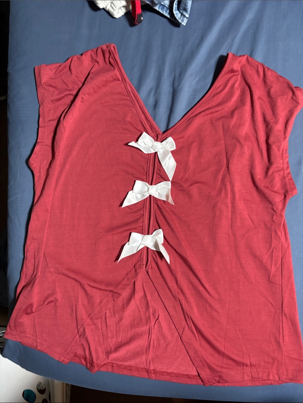 Women’s Red V-Neck Top with White Bow Accents